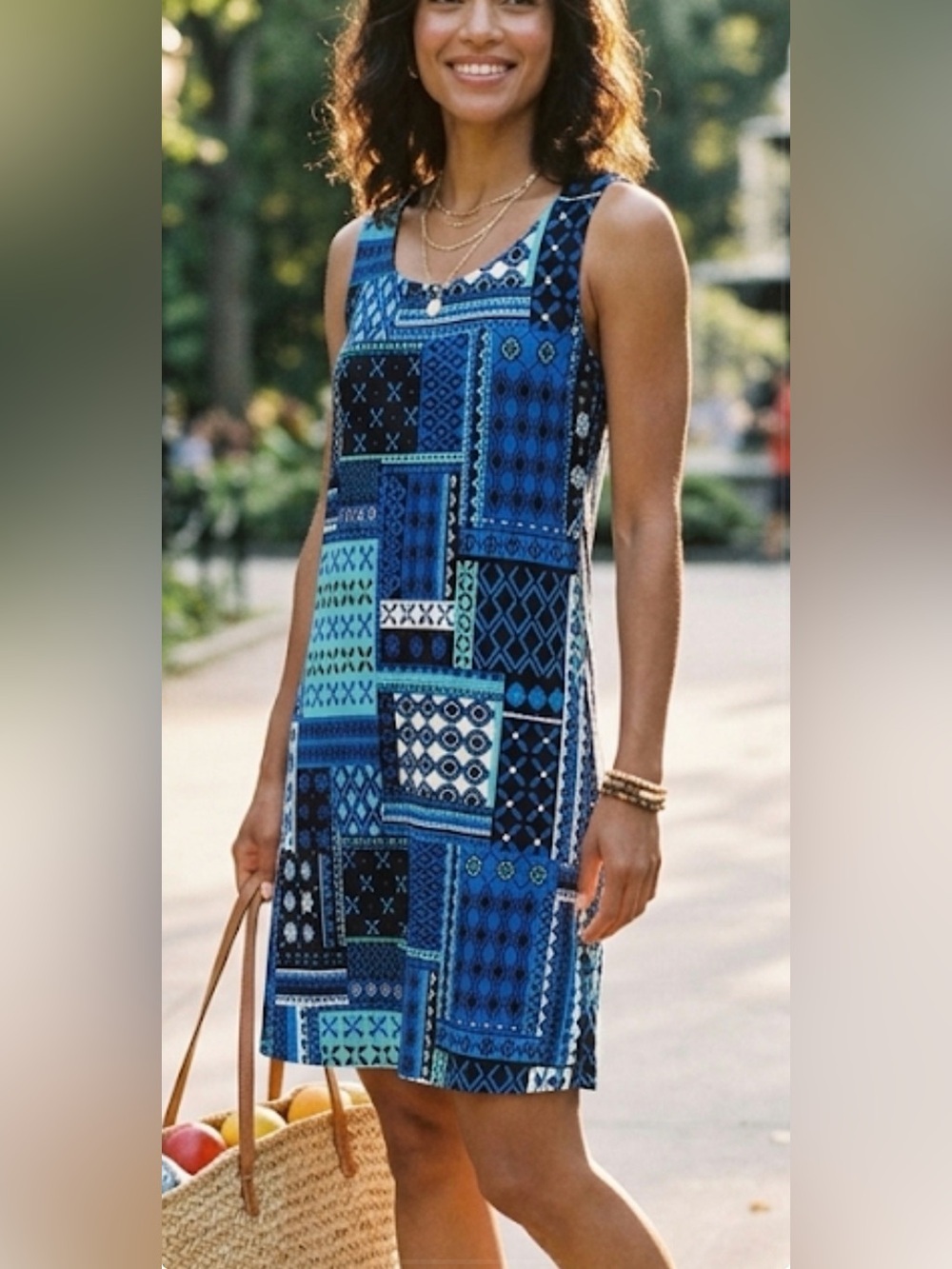 Vibrant Blue Geometric Patchwork Sleeveless Shift Dress - Size 2 X